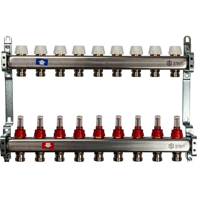 Коллектор из нержавеющей стали с расходомерами, 9 выходов