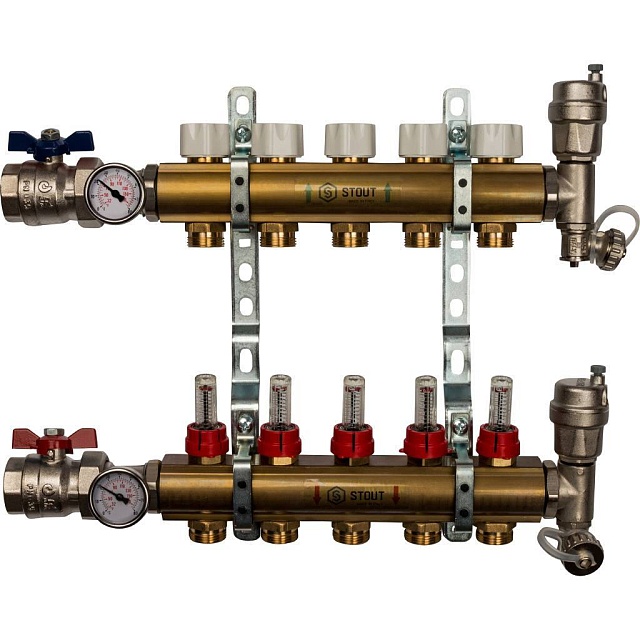 Распределительный коллектор из латуни с расходомерами 5 вых.
