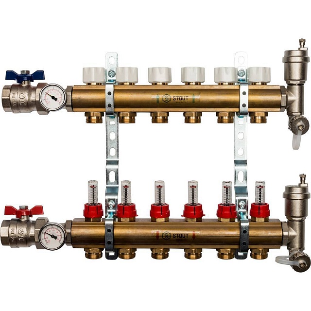 Распределительный коллектор из латуни с расходомерами (6 вых.)