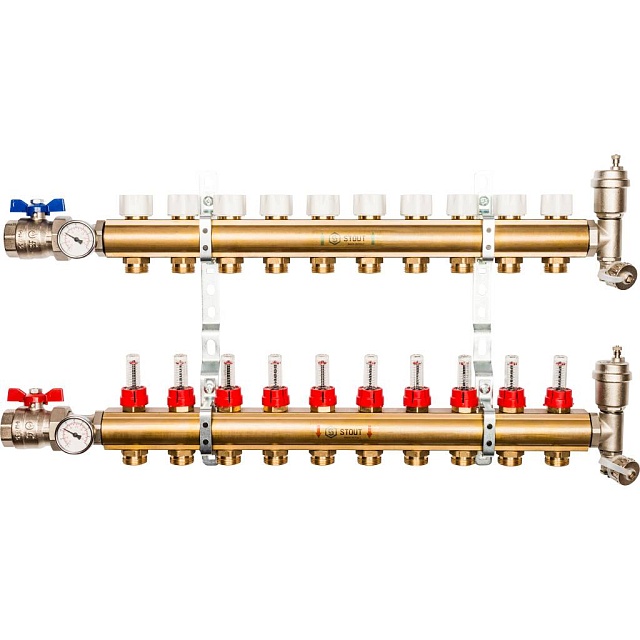 Распределительный коллектор из латуни с расходомерами 10 выходов
