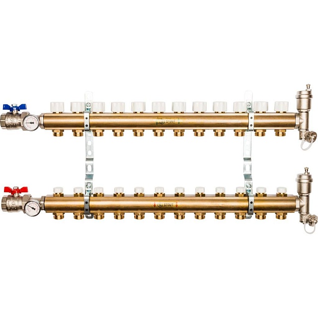 Распределительный коллектор из латуни без расходомеров, 12 вых.