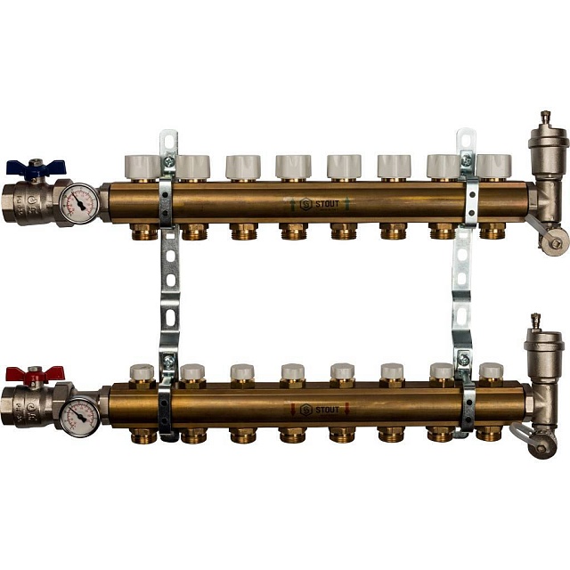 Распределительный коллектор из латуни без расходомеров 8 выходов