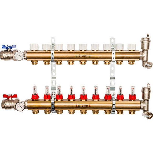 Распределительный коллектор из латуни с расходомерами, 9 вых.