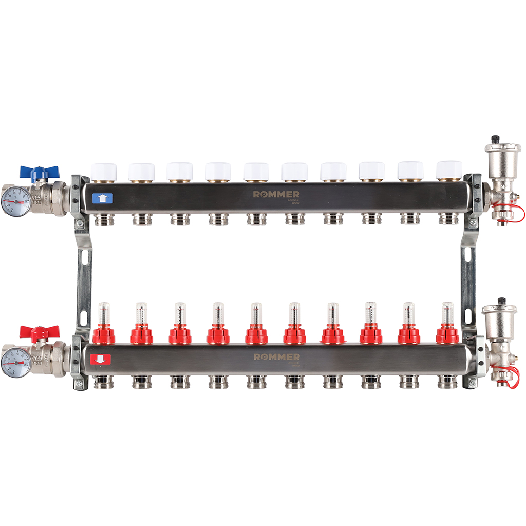 Коллектор из нержавеющей стали ROMMER в сборе, с расходомерами, 10 выход.