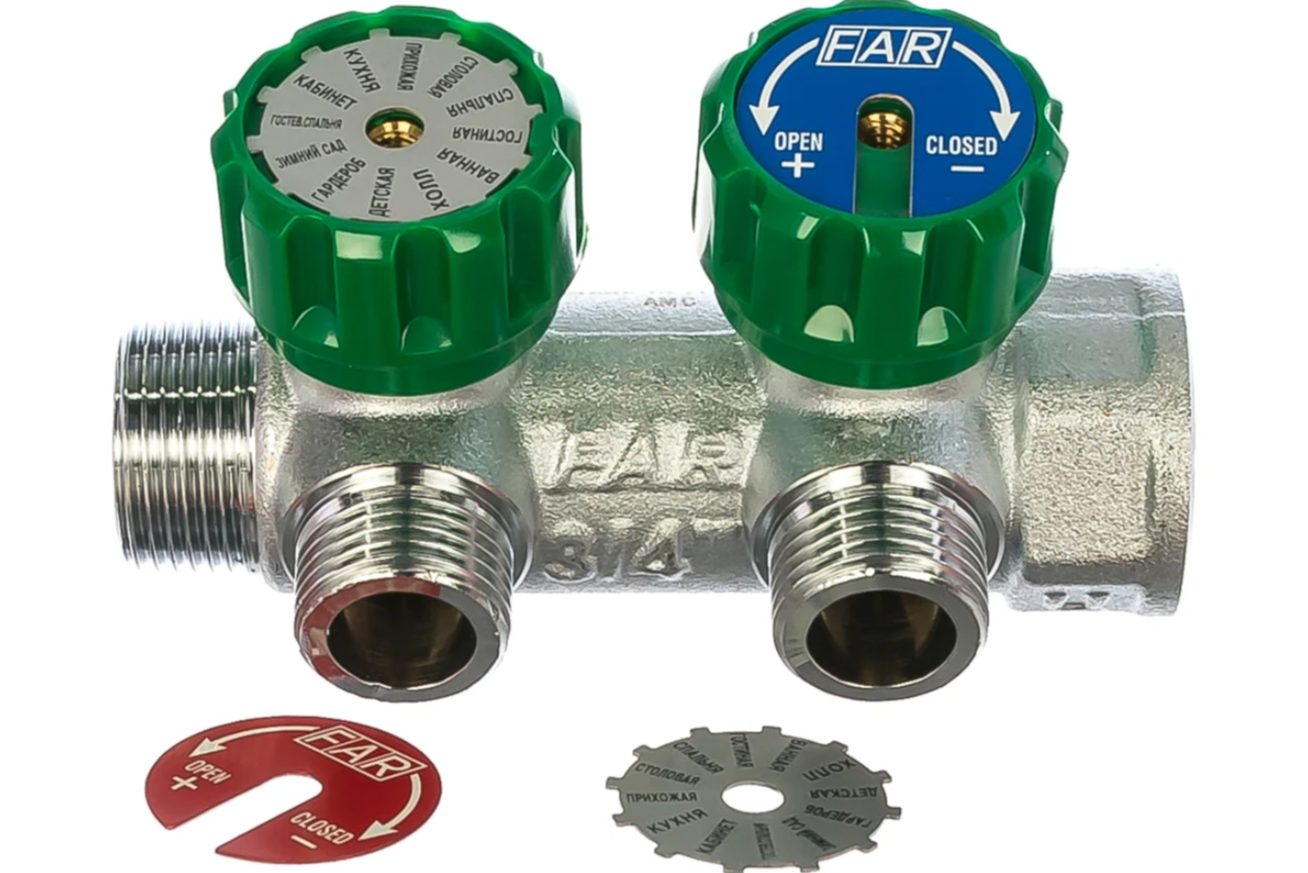 FAR Коллектор распределительный 3/4, проходной, хромированный, 2 отвода 1/2 плоское уплотнение