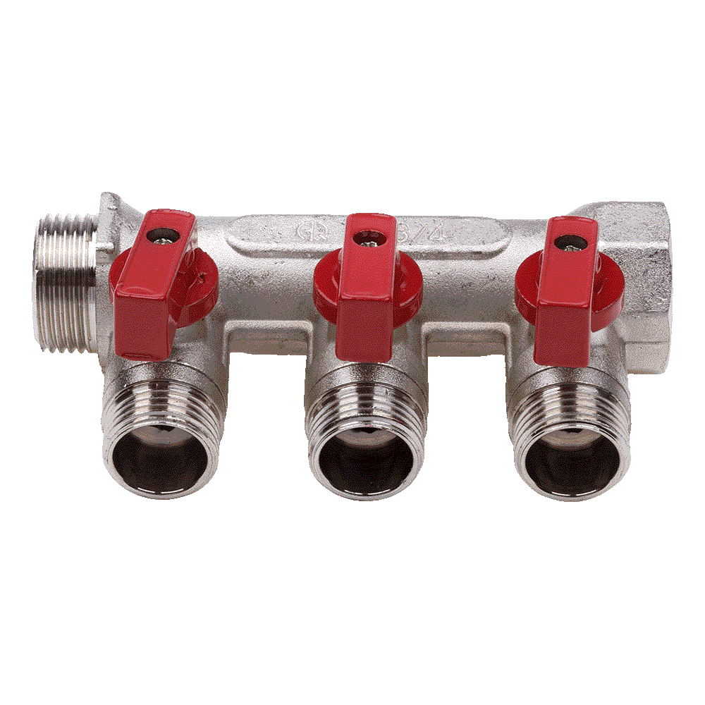 Коллектор резьбовой 3 выхода с кранами с внутренней и наружной резьбой 3/4х1/2 дюйма