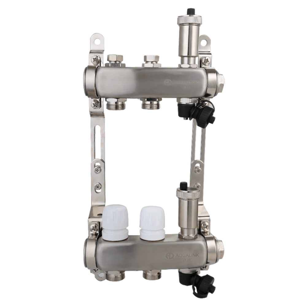 Коллекторная группа для теплых полов и отопления из нержавеющей стали с регулирующими и настроечными клапанами, автоматическими воздухоотводчиками и дренажными клапанами 1