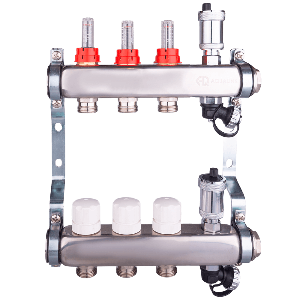 Коллекторная группа с регулирующими клапанами и расходомерами, автоматическими воздухоотводчиками и дренажными клапанами нерж. сталь 1