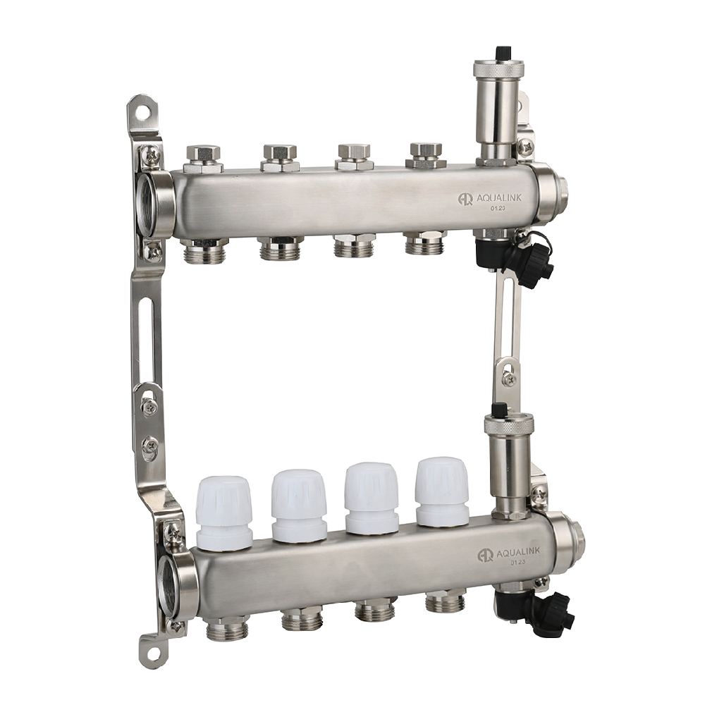 Коллекторная группа для теплых полов и отопления из нержавеющей стали с регулирующими и настроечными клапанами, автоматическими воздухоотводчиками и дренажными клапанами 1